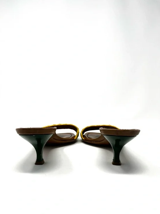 Vintage Prada Green Yellow Crochet Raffia Kitten Heels Slides Sandals 37.5 7.5 - Picture 6 of 10